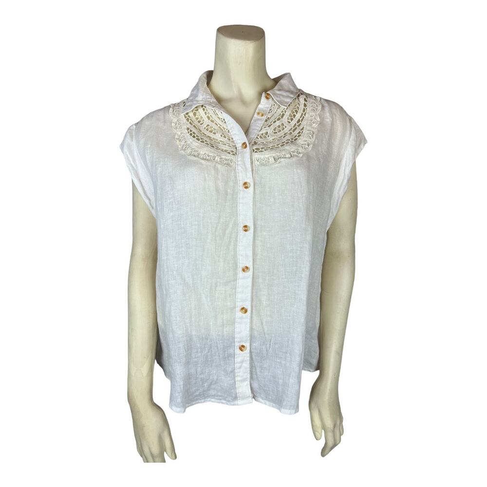 Maeve Ivory linen blouse shirt top battenburg lace bib anthropologie Small